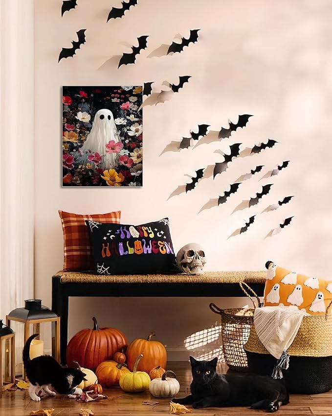 Halloween Canvas Wall Art,Vintage Cute Ghost & Wildflowers Framed Poster, Spooky Fall Decorations for Indoor, Gothic Dark Academia Wall Decor, Funny Halloween Decorations for Living Room Bedroom-Ruum Studio Home