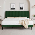 King Size Bed Frame, Velvet Upholstered Platform Bed with Vertical Channel Tufted Headboard and Footboard, No Box Spring Required, Easy Assembly, Green-Ruum Studio Home