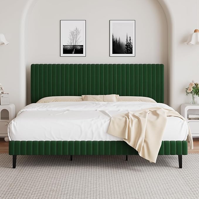 King Size Bed Frame, Velvet Upholstered Platform Bed with Vertical Channel Tufted Headboard and Footboard, No Box Spring Required, Easy Assembly, Green-Ruum Studio Home