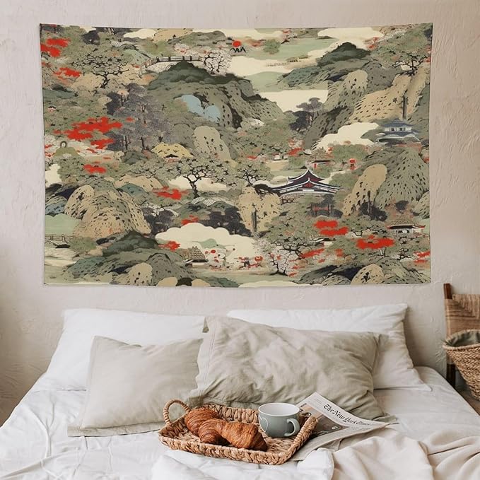 Asian Tapestry,Japanese Red Landscape Asian Watercolor Abstract Art Tapestry, Asian Japanese Wall Tapestry, Nature Landscape Tapestries for Bedroom Living Room Decor 90"x60"-Ruum Studio Home