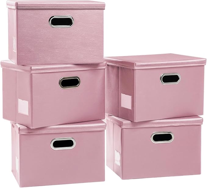 PRANDOM Large Stackable Storage Bins with Lids [5-Pack] Leather Fabric Foldable Storage Boxes Organizer Containers Baskets Cube with Cover for Bedroom Closet Office Nursery Pink (17.7x11.8x11.8)-Ruum Studio Home