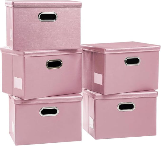 PRANDOM Large Stackable Storage Bins with Lids [5-Pack] Leather Fabric Foldable Storage Boxes Organizer Containers Baskets Cube with Cover for Bedroom Closet Office Nursery Pink (17.7x11.8x11.8)-Ruum Studio Home