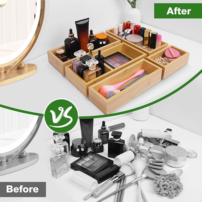 Bamboo Drawer Organizer Set, 5 PCS Multi-Use Individual Wood Storage Organizers, Junk Drawer Divider and Storage Trays Containers for Kitchen, Bathroom, Office Desk, Makeup, Jewelry, Utensils-Ruum Studio Home