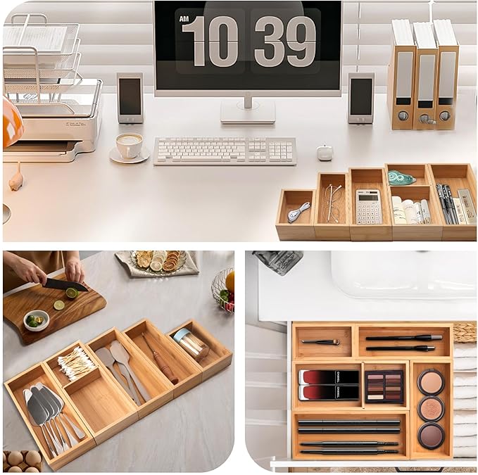 Bamboo Drawer Organizer 5 Pcs for Kitchen Multi-purpose Storage Dividers for Kitchen, Office, Jewelry, Cosmetics, Wooden Drawer Dividers for Drawer Organizer Desk Organizer Gift for Women Gifts Idea-Ruum Studio Home