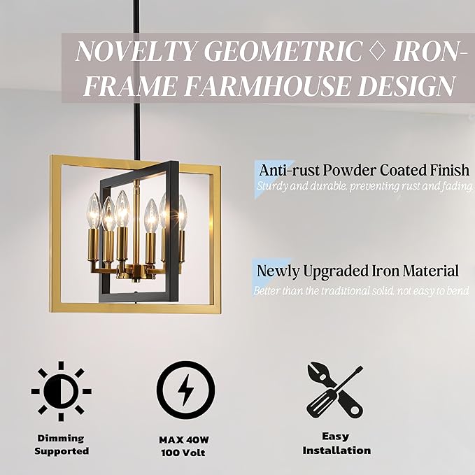 ANKYLHUA Small Black Gold Chandelier,6-Lights Ceiling Light Fixture E12,Adjustable Hight Pendant Lights Kitchen Island,Chandeliers for Dining Room Bedroom,Entryway,Foyer-Ruum Studio Home