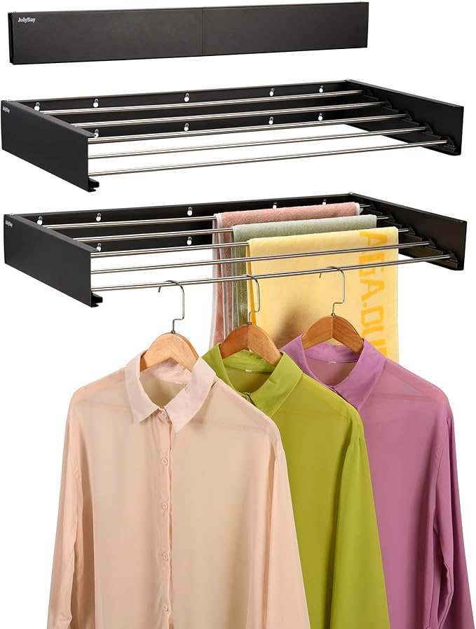 Wall Mounted Laundry Drying Rack, Retractable Clothes Drying Rack for Bathroom with Wall Template, 5 Stainless Rods Heaving 60 lb Capacity (Black, 31.5")-Ruum Studio Home