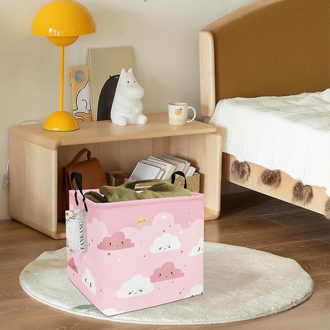 FANKANG Square Nursery Hamper Storage Bins Canvas Laundry Basket Foldable with Waterproof PE Coating Storage Baskets Gift Baskets for Children, Office, Bedroom, Clothes（Square-pink cloud ）-Ruum Studio Home