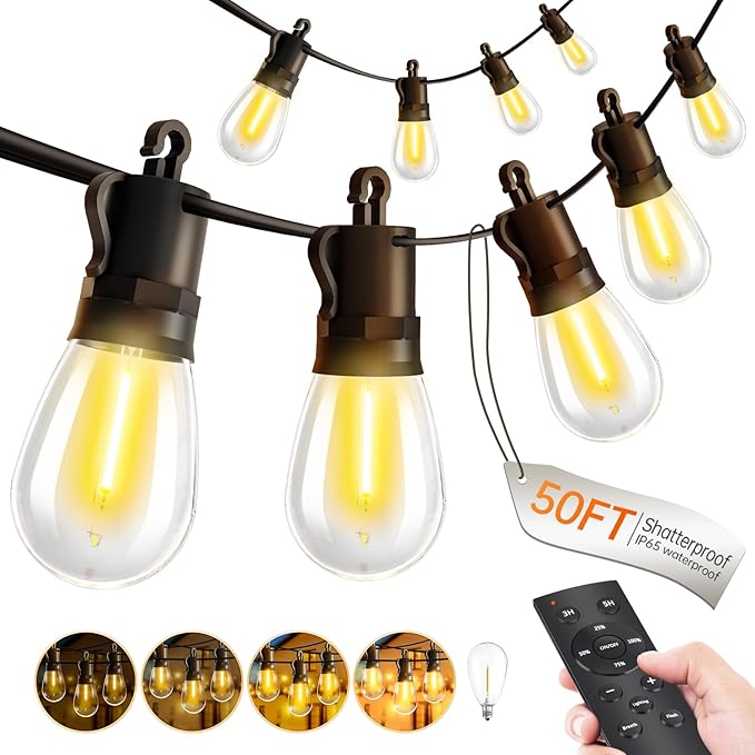 Outdoor-String-Lights-Patio-LED-Light-Outside 50Ft 15M Waterproof Remote Dimmable S14 LED Porch Lighting with 15 Edison Plastic Bulb Hanging Lights Connectable for Backyard Yard Gazebo Party Garden-Ruum Studio Home