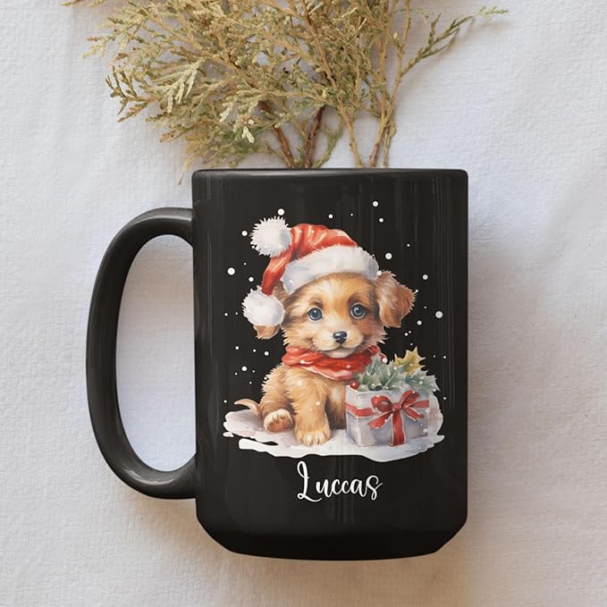 Personalized Name Christmas Puppy Cup - Novelty Coffee Mug 11oz 15oz, Customized Santa Hat Design, Custom Pet Owner Black Ceramic Cup, Gift for Christmas, Puppy Lover-Ruum Studio Home