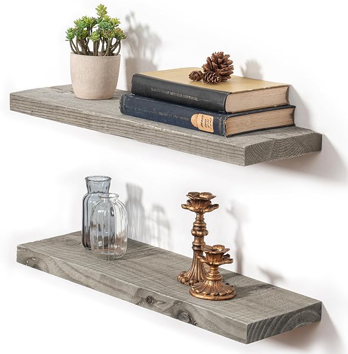 Fun Memories Floating Shelves for Wall Decor, 24"x8" Rustic Reclaimed Wood Shelves, Heavy-Duty Wall Mounted Shelves with Invisible Brackets, Set of 2for Living Room, Bedroom, Kitchen, Grey Finish-Ruum Studio Home