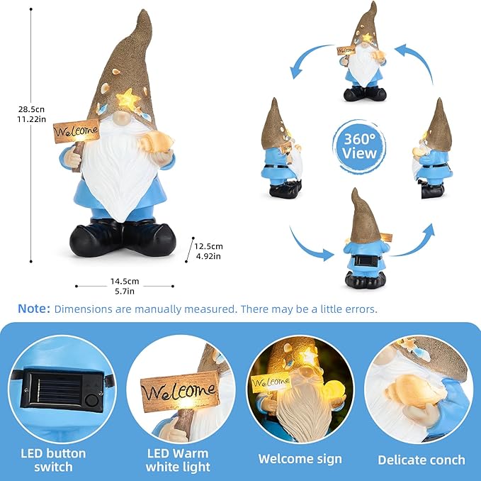 Solar Garden Gnomes Decor Outdoor Statue - Gnome Welcome Sign with LED Waterproof Sculptures Lights, Gnome Pond/Yard Statues Outside Decoration, Home, Lawn, Patio, Resin Ornament, Gardening Gift-Ruum Studio Home