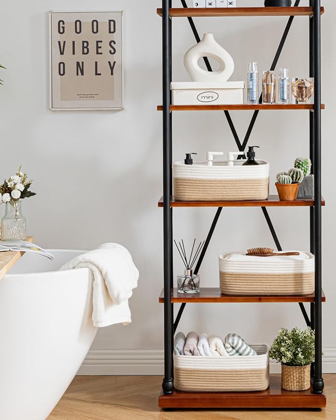 KALLAX Small Woven Basket, 13.5 x 9.5 x 5 Inches, Storage Basket for Organizing, Cute Small Rope Shelf Closet Cube Storage Bins Baskets for Shelves, Dog Toy Gift Baskets Empty, 3 Pack White & Brown-Ruum Studio Home