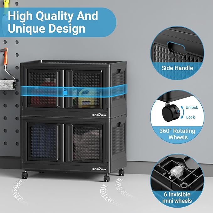 600Qt Stackable Storage Bins with Lids, 150Gal Closet Organizers and Storage Drawer, Plastic Collapsible Storage Bins with Doors, Heavy Duty Store Box Cabinet for Home Kitchen, 6Pack Black-Ruum Studio Home