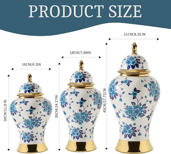 Ginger Jars for Home Decor, White and Gold Vase, Porcelain Ginger Jar Chinoiserie Blue and White Vase with Gold Trim and Floral Pattern, Ceramic Flower Vase for Home, Temple and Storage Jars(12in)-Ruum Studio Home