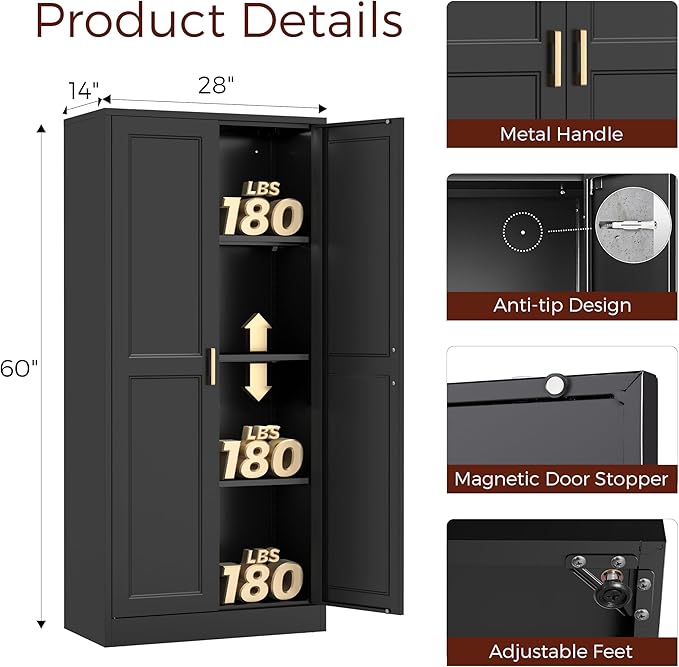 60" Tall Metal Pantry Cabinet, Black Kitchen Pantry Storage Cabinet with Doors and 3 Adjustable Shelves, Cupboard for Kitchen, Dining Room, Living Room, Bathroom-Ruum Studio Home