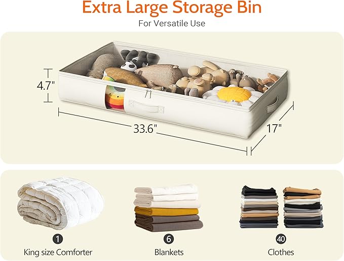 Soft-Sided Foldable Under bed Storage Bags with Window,No Rigid Frame Closet Organizers,Storage Containers for Blankets, Clothing, Comforter, Collapsible Fabric Design,4 Pack, White Ivory-Ruum Studio Home