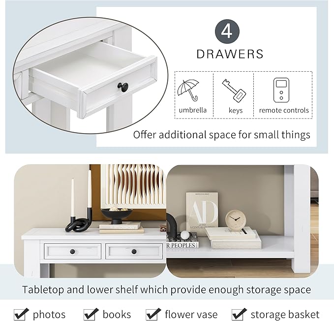 White Console Table,Solid Wood Sofa Table with 4 Drawers Hallway Table for Storage Entry Foyer Behind Couch Table,Fully Assembled (63" White)-Ruum Studio Home