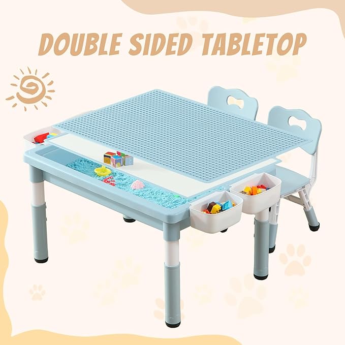 Multi Functional Kids Table and 2 Chairs Set, Graffiti & Building Blocks Double-Sided Tabletop, Toddler Play Table with Drawers, Large Storage Space, Gift for Boys/Girls, Blue-Ruum Studio Home