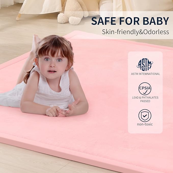 ACOMOPACK Baby Play Mat for Floor 1.3" Thick Memory Foam Play Mat 39"×59" Tummy Time Crawling with Non-Slip Bottom for Living Room,Nursery,Soft Velvet Playpen Mats for Kids,Infants（Pink）-Ruum Studio Home
