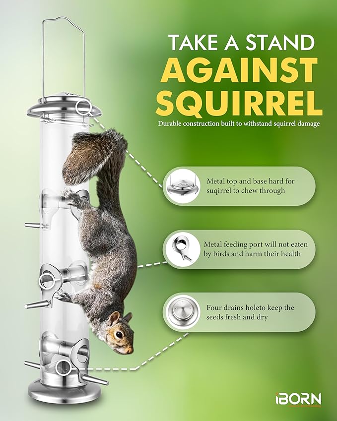 iBorn Metal Bird Feeders 6 Ports Hanging Wild Bird Seed Feeder for Mix Seed Blends, Niger Seed Feeder, Sunflower Heart, Birdbath, Heavy Duty All Metal Nickle Finishing 14 Inch 6Port-Ruum Studio Home