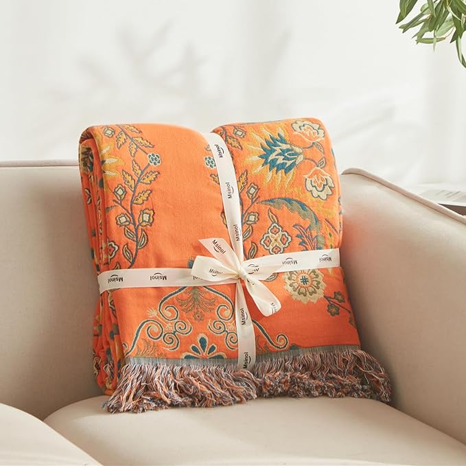 Colorful Throw Blanket Ultra Soft Cotton Orange Decorative Throw All Season Rustic Reversible Bohemian Throw Quilt Farmhouse Decoration(60"x80",04-Garland)-Ruum Studio Home
