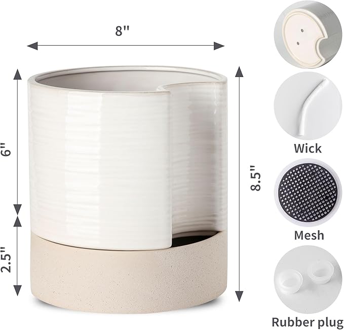 Nihow Self Watering Plant Pot: 8 Inch Ceramic Planter with Drainage Hole & Water Storage Plus for Indoor & Outdoor Plants - Cylinder Round Flower Pot for Succulent/Herbs/Violets - Cream White & Brown-Ruum Studio Home