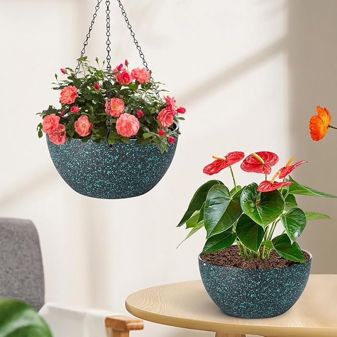 12 inch Hanging Planters for Indoor Plants, 2 Pack Planters for Outdoor Plants with Drainage Holes and Chain, Round Plastic Hanging Baskets, Hanging Flower Pots for Balcony Garden Decor-Black Speckle-Ruum Studio Home