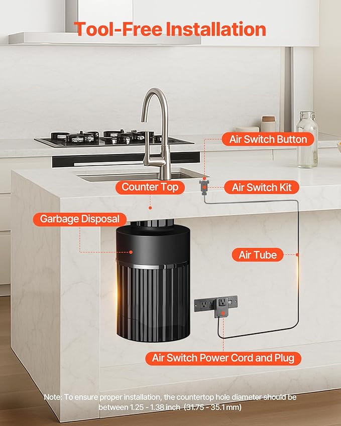 VEVOR Garbage Disposal Air Switch Kit, 3.5" Long Sink Top Air Switch for Food Waste Disposal, Brushed Silver Stainless Steel ON/OFF Air Push Button for Granite, Marble, and Quartz Countertops-Ruum Studio Home