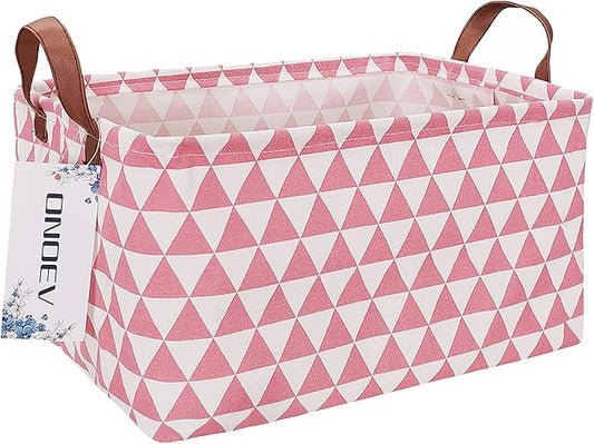 Rectangular Fabric Storage Box, Decorative Basket and Finishing Basket with Handle are Used for The Storage of Clothes, Books and Sundries(Pink Triangle) 1-Ruum Studio Home