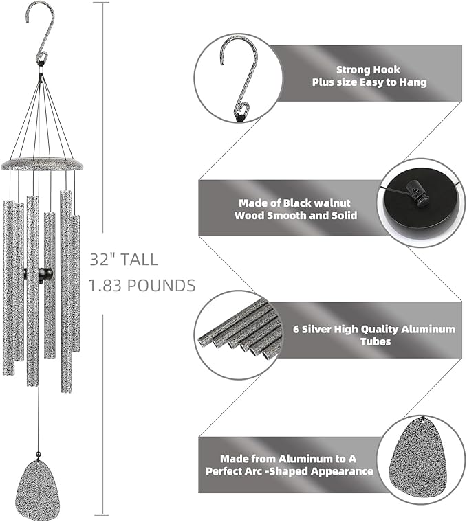 Wind-Chimes-Outdoor-Deep-Tone, Large Soothing Melodic Tones Windchimes, Wind Chimes for Outside, Memorial Wind Chimes Best Gift for Mom Women Grandma Neighbors(32" Silver Coated Aluminum)-Ruum Studio Home