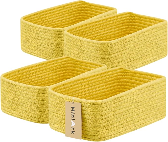 Small Storage Baskets for Organizing | Closet Organizer Bins | Shelf Toy Basket | Woven Rope Baskets | Cube Decorative Box | Shallow Basket | 11.5x7.5x4.7” | 4 Packs Yellow-Ruum Studio Home