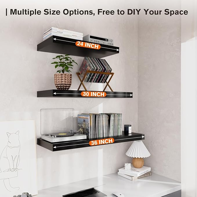 Floating Shelf, Set of 2 Wall Shelf, 36 in W x 12.75 in D x 2 in H Wooden Floating Wall Shelf with Invisible Brackets for Living Room/Bedroom/Bathroom/Kitchen Storage and Decor, Black-Ruum Studio Home