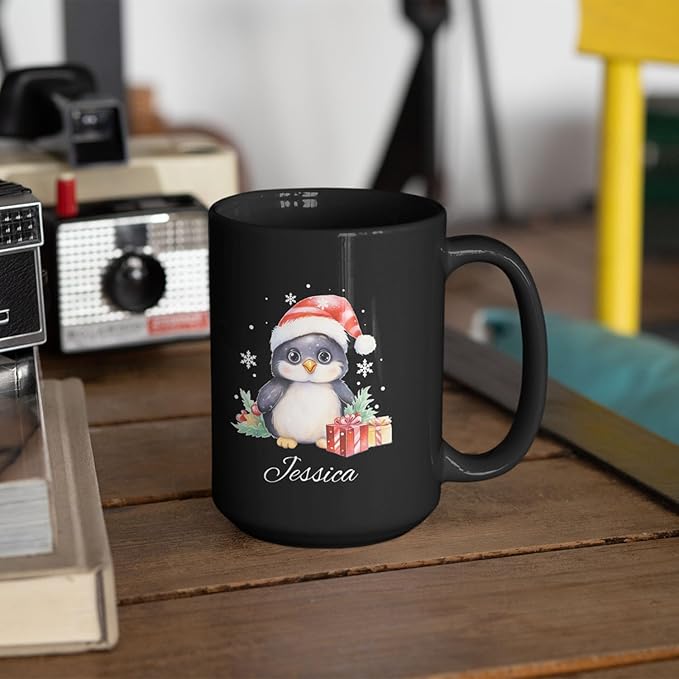 Customized Christmas Themed Black Cup, Personalized Cute Xmas Penguin Mug With Name, Gift For Christmas, Custom Animal Wearing Santa Hat Design Cup, Christmas Animal Coffee Mug 11oz 15oz-Ruum Studio Home