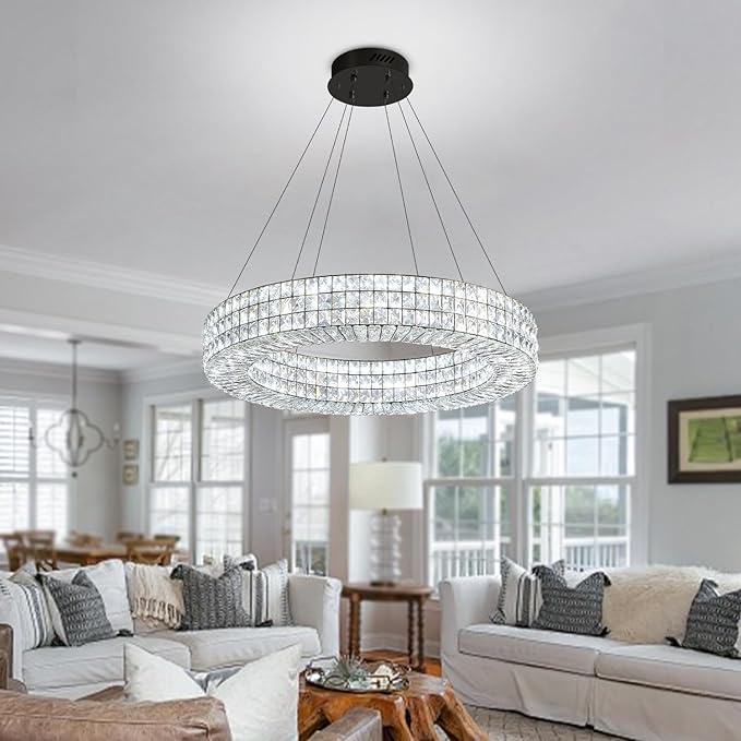 Dia 24" Modern Crystal Chandelier Black Ring Chandelier Adjustable Height Luxury Crystal Pendant Ceiling Light Fixture for Dining Living Room Bedroom-Ruum Studio Home