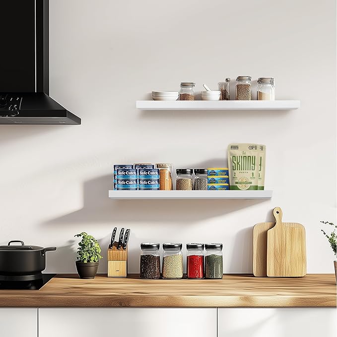 Floating Wall Shelves 2-Pack - 24-Inch Rustic White Wooden Shelves for Storage and Décor, Easy Installation for Living Room, Bedroom, and Kitchen-Ruum Studio Home