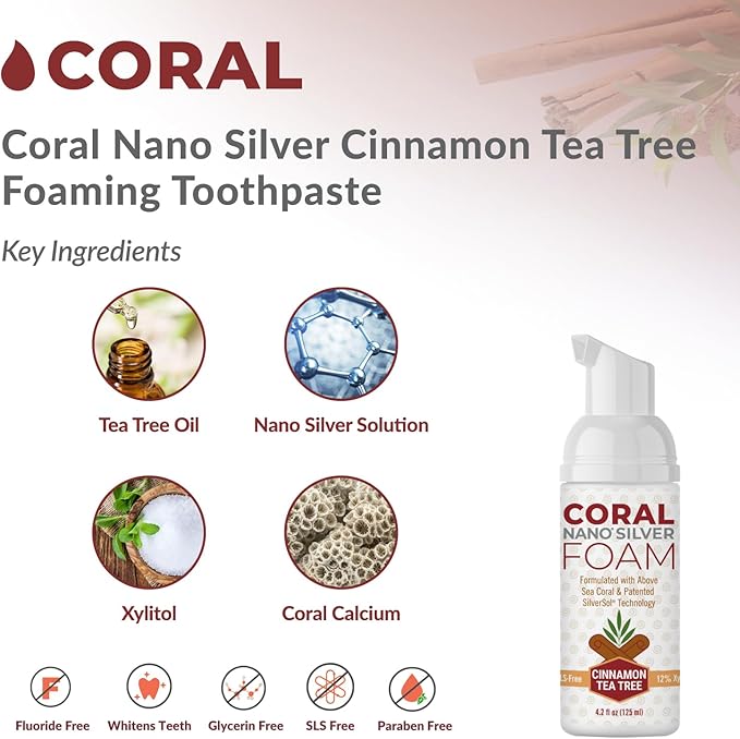 Coral Nano Silver Foaming Cinamon Tea Tree Toothpaste, Natural Fluoride Free Toothpaste, SLS and Glycerin Free - 4 Ounce-Ruum Studio Home