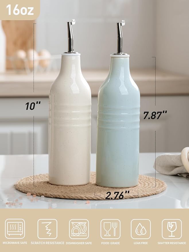 famiware Jupiter 16oz Ceramic Olive Oil Dispenser Bottle, Olive Oil and Vinegar Dispenser Bottle Set of 2 with Stainless Steel Pourers, Suitable for Storage Vinegar, Light Blue & Vanilla White-Ruum Studio Home