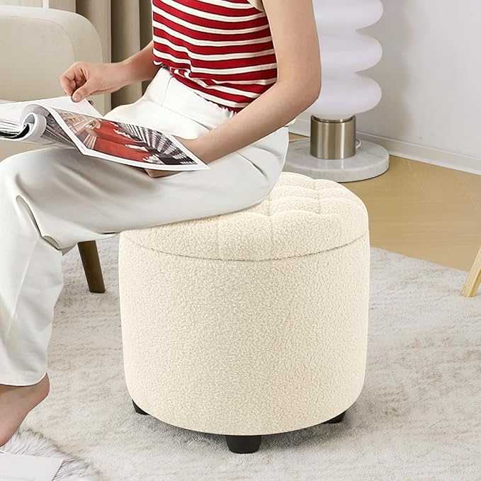 Furniliving Modern Round Storage Ottoman,Button Tufted Ottoman Foot Stools Ottoman Footstool with Removable Lid Storage Ottomans for Living Room, Bedroom, Makeup Room，Sherpa, IvoryWhite-Ruum Studio Home