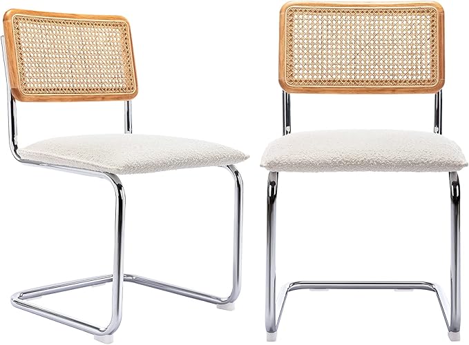 Mid Century Modern Rattan Dining Chairs Set of 2, Boucle Kitchen Chairs with Handwoven Mesh Rattan Backrest and Metal Legs, Upholstered Accent Side Chairs, White-Ruum Studio Home