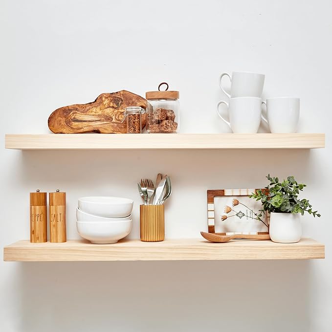 Homeforia 36 inch Wood Floating Shelves, High End Solid Natural Wood 36inch Large Floating Shelf Bathroom, Unfinished Wooden Floating Shelves for Wall, Heavy Duty Bracket, 36 X 6.5 X 1.75 in, Set of 2-Ruum Studio Home