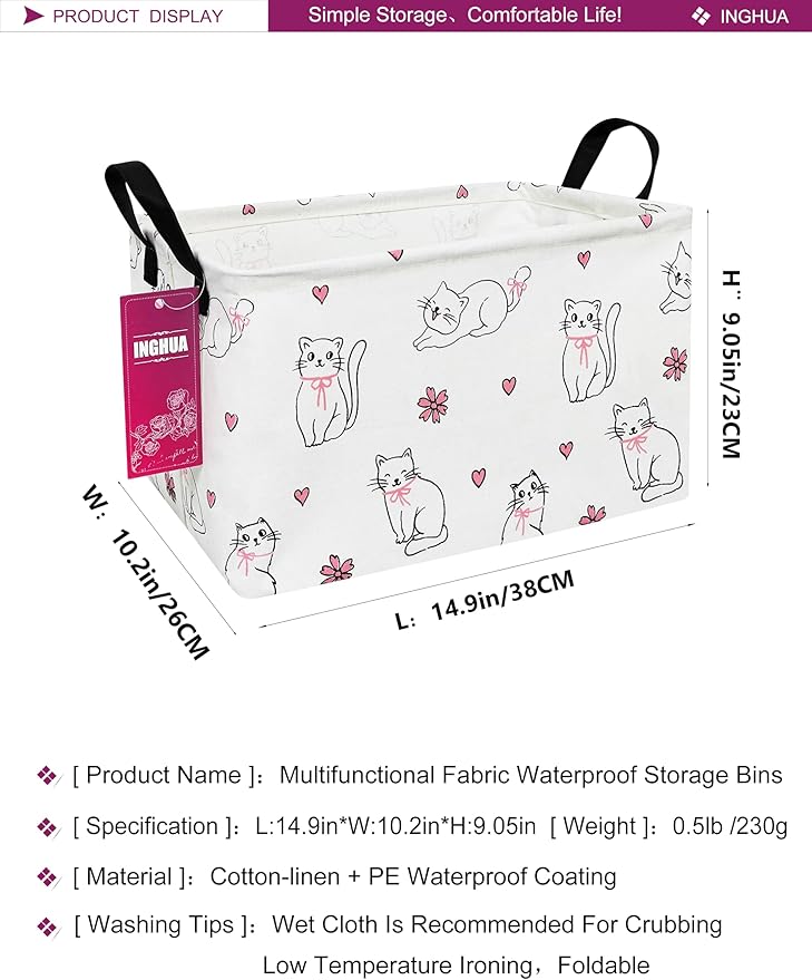 Rectangular Storage Basket Fabric Organizer Bin for Toys,Books,Clothes,Gifts,Pets-Perfect for Home,Office,Nursery,Dorm,Shelf(Rec-Love cat )-Ruum Studio Home