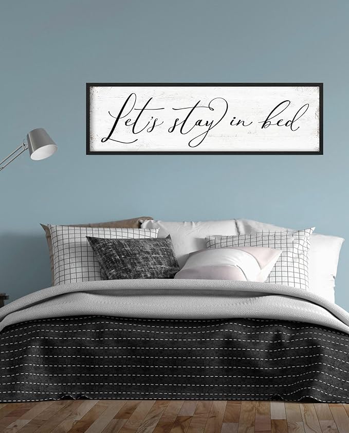 Let's Stay in Bed Sign: Rustic Bedroom Signs Wall Decor Above Bed Framed Modern Farmhouse Family Wall Signs Hanging Plaques Inspirational Quotes Master Bedroom Wall Art 12 x 40 Inch-Ruum Studio Home
