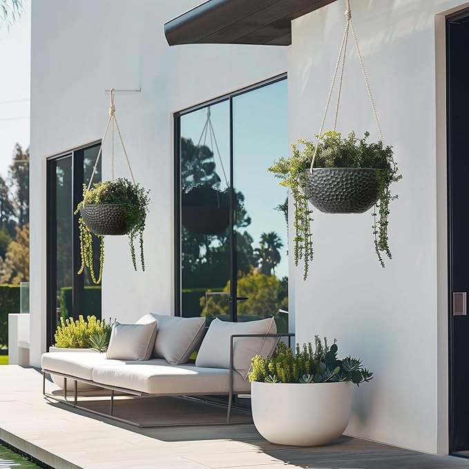 LA JOLIE MUSE Hanging Planters for Indoor Plants, Medium Hanging Planters with Drain Holes, Outdoor Hanging Flower Pots, Matte Black, Honeycomb (10 Inch, Set of 2)-Ruum Studio Home