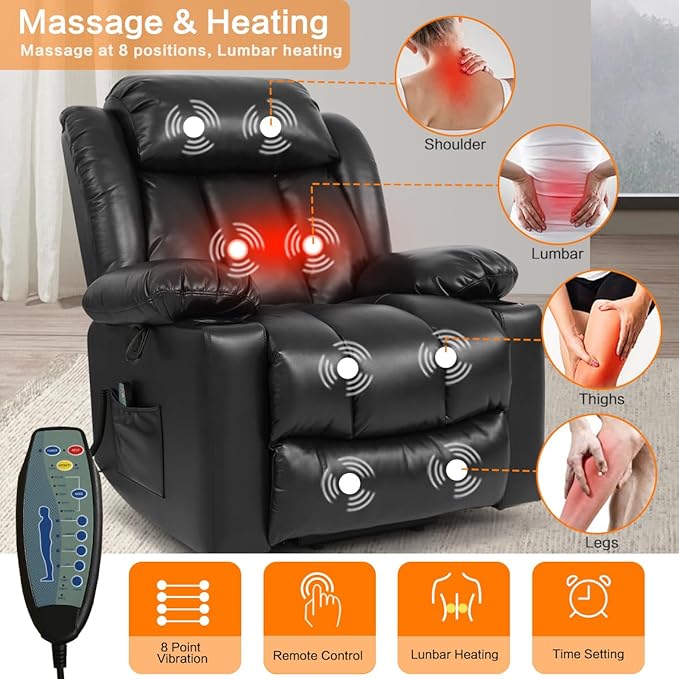 PARKOL Power Lift Recliner Chair for Elderly Breathable Leather Recliner Chair with Massage and Heat,2 Cup Holders,Electric Stand Assist,USB Ports,Gifts for Family (Black)-Ruum Studio Home