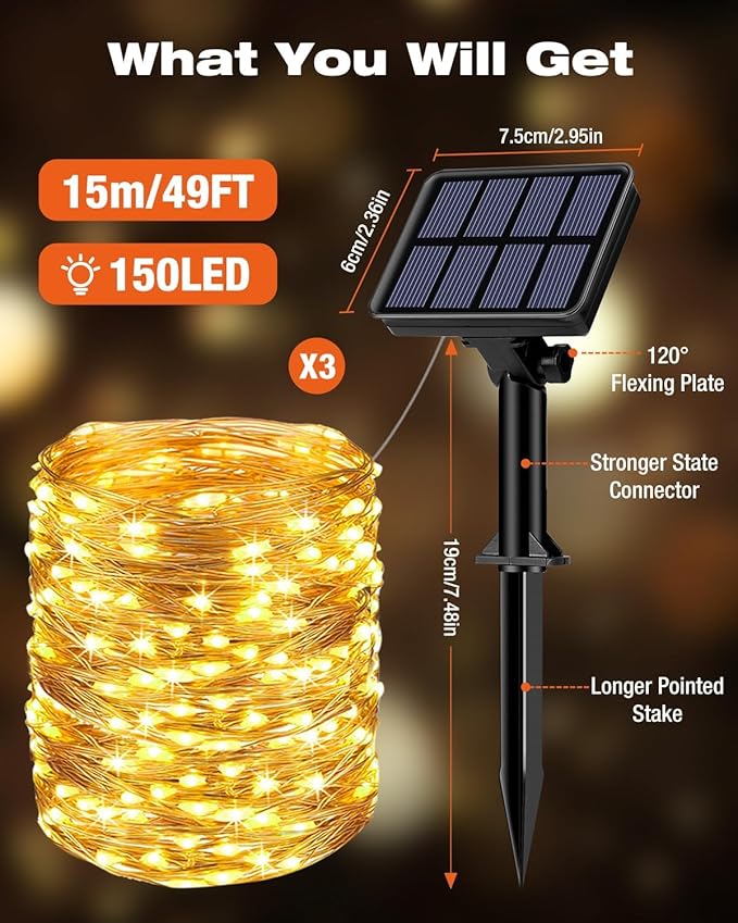 3 Pack Solar Fairy Lights for Outside Waterproof, Total 147FT 450 LED Solar String Lights Outdoor 8 Modes Solar Twinkle Lights for Garden Yard Christmas Tree Wedding Party Decor, Warm White-Ruum Studio Home