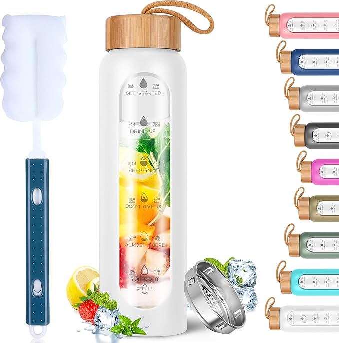 Aqulea Glass Water Bottles 25 Oz with Silicone Sleeve - BPA Free Reusable Wide Mouth Glass Motivational Water Bottles with Fruit Infuser – Leak Proof Borosilicate Water Bottle with Time Marker (White)-Ruum Studio Home