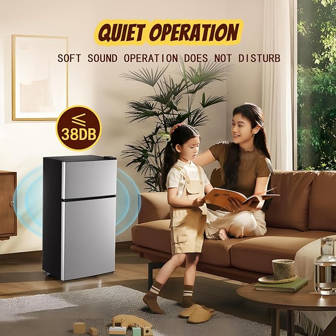 2.4 Cu.ft Mini Fridge Small Refrigerator with Freezer Dual Door Dorm Fridge for Personal Senven Temp Gear Suit for Apartment, Bedroom, Rv Silver-Ruum Studio Home