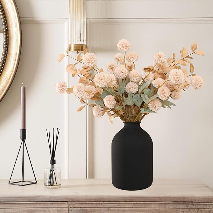 Beige Fake Flowers Silk 10 Stems With Eucalyptus, Faux Flowers For Vase, Artificial Mums Long Stem, Mini Faux Mums Flower Bulk, Tan Nude Cream Neutral Floral, Chrysanthemum Pom Pom Floral Arrangements-Ruum Studio Home