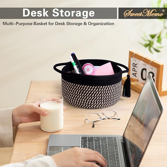 Empty Gift Basket - SweetMemo Mini Woven Rope Organizer Baskets for Baby Shower, Vanity, Makeup Brushes, Bathroom, Shelves, Desk - Small Decorative Storage Bins - Set of 2, Pre-Shaped, Black Brown-Ruum Studio Home