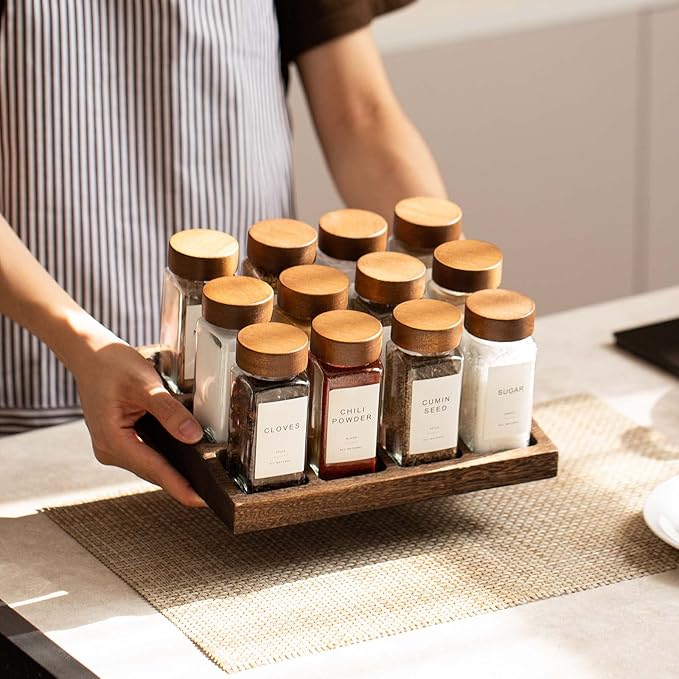Yangbaga 24Pcs Glass Spice Jars with Labels-4oz Acacia Wood Lid Square Spice Containers and 2pcs Rack with Pepper Grinder Lids &Funnel,Seasoning Jars for Rack Cabinet Drawer-Ruum Studio Home